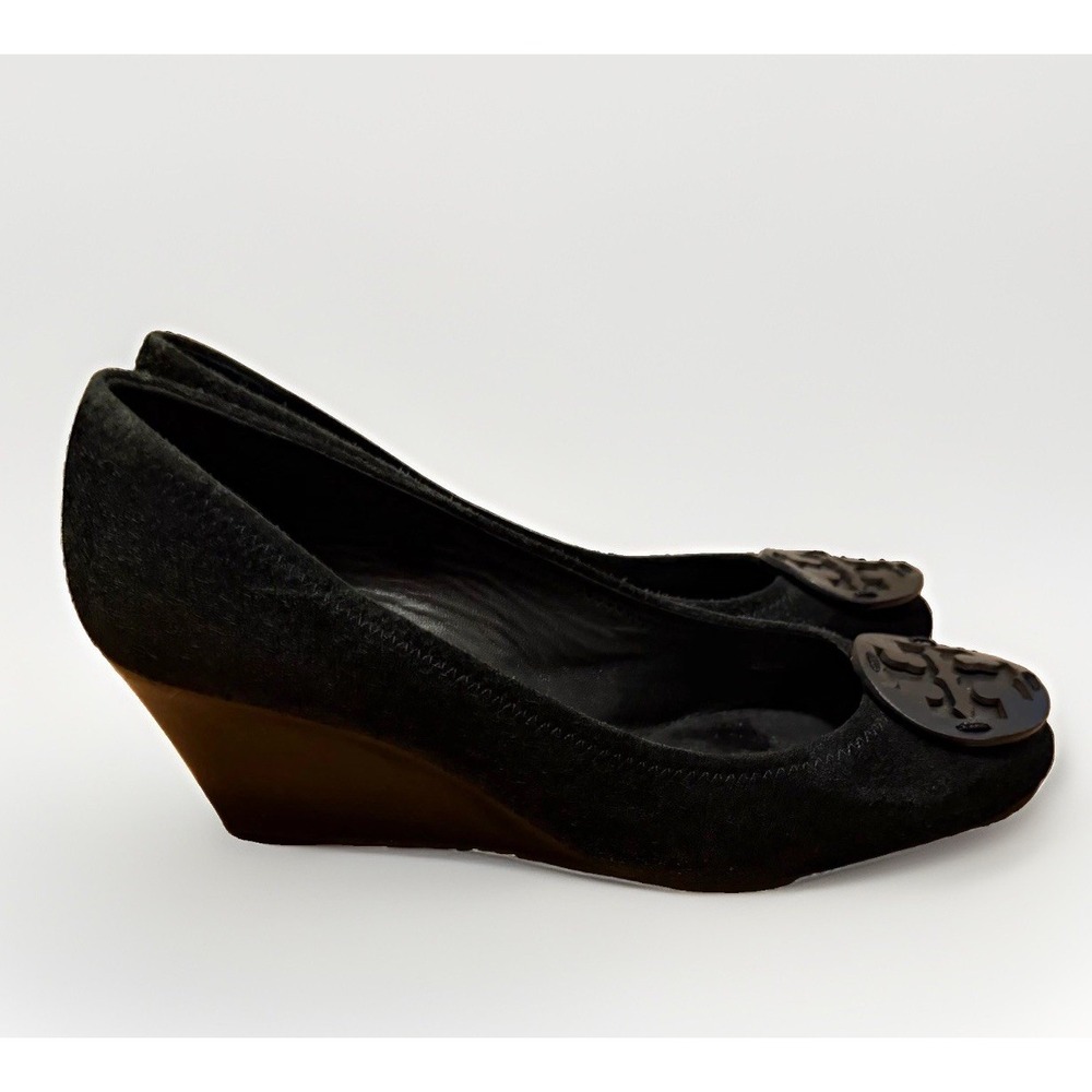 Tory Burch Sally Black Suede Medallion Wedge Pumps 9M